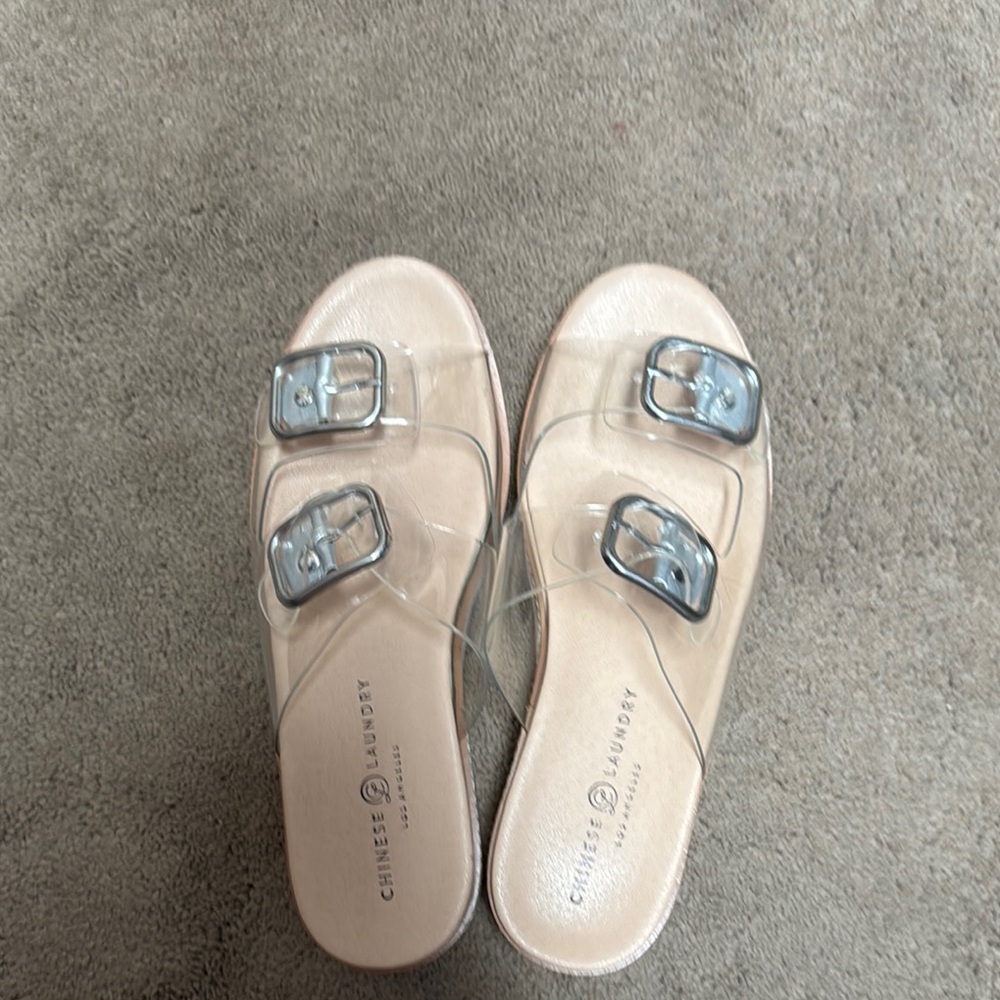 Chinese Laundry White and Silver Sandals with Double-Strap Design